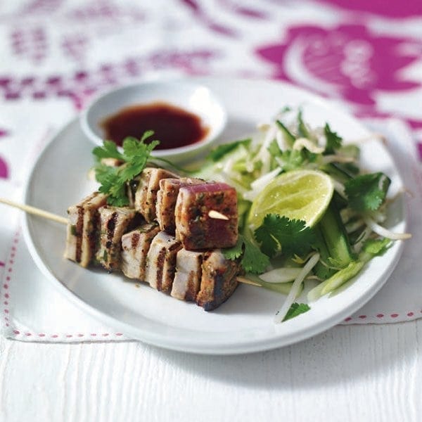 Sweet soy and chilli tuna skewers with Asian slaw