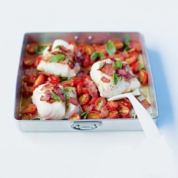 Roast cod with bacon, tomatoes and basil