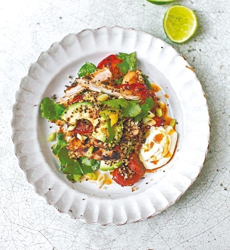 Chipotle-griddled chicken salad with chorizo and quinoa