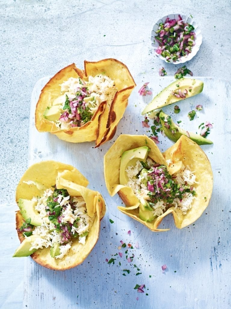 Crab and avocado tostadas with jalapeño salsa verde