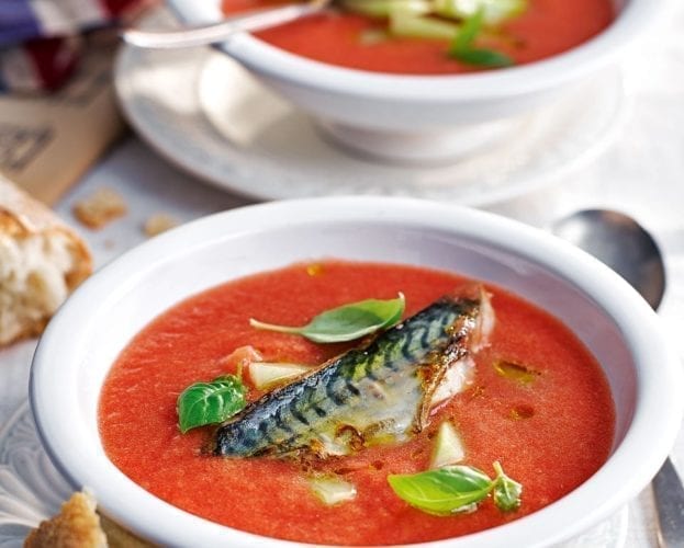 Chilled tomato soup with mackerel