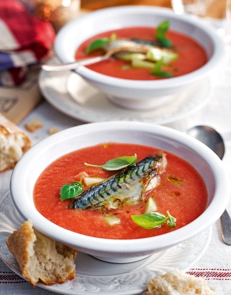 Chilled tomato soup with grilled mackerel