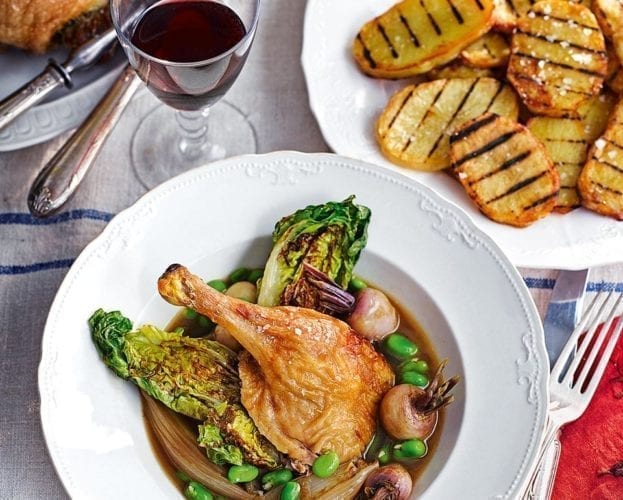 Roast duck with baby turnips and broad beans by Michel Roux Jr