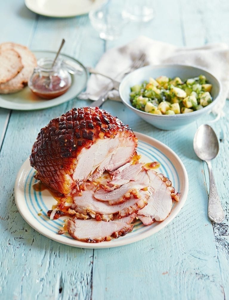 Baked picnic ham with pineapple and chilli glaze