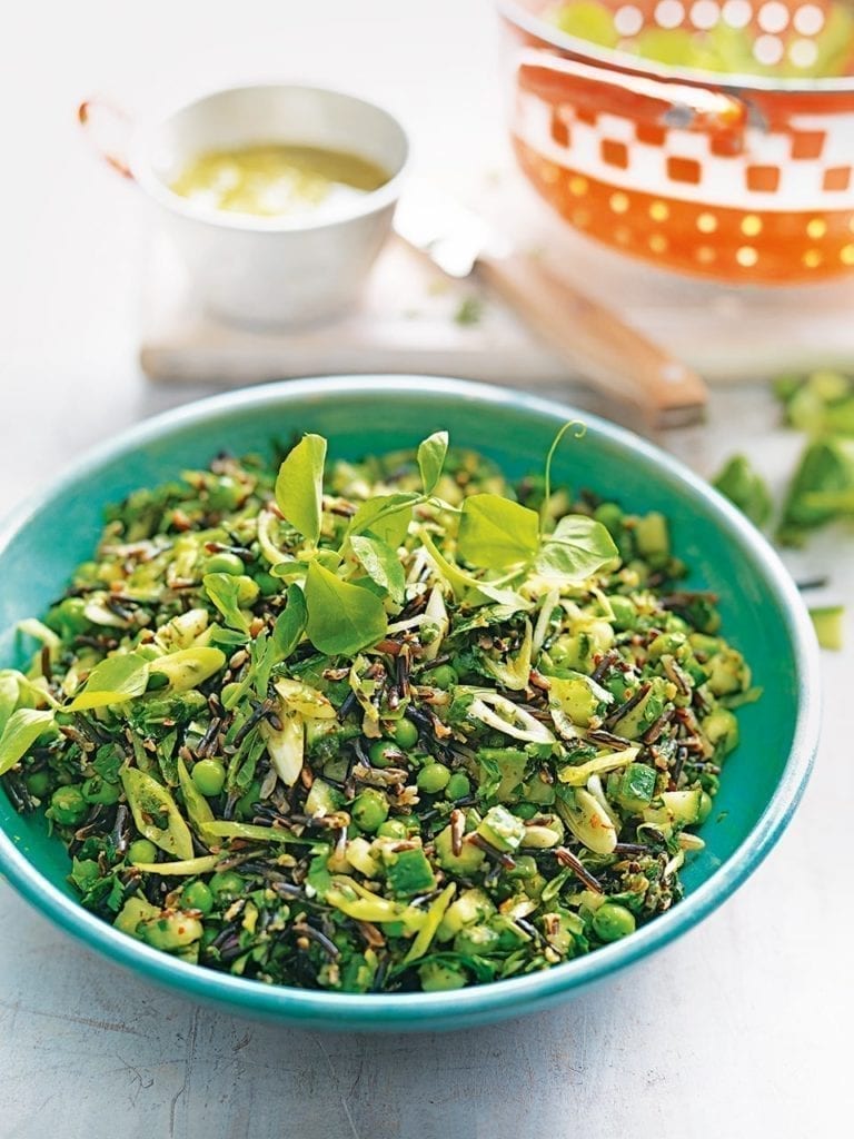 Wild rice salad with peas, pea shoots and green harissa
