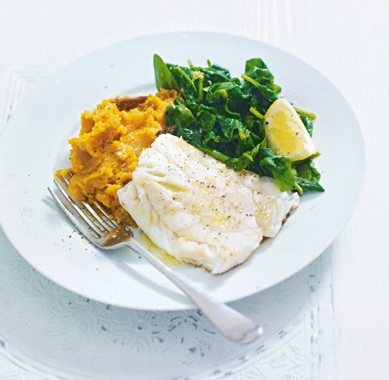 Cod with garlic sweet potato mash and lemon spinach
