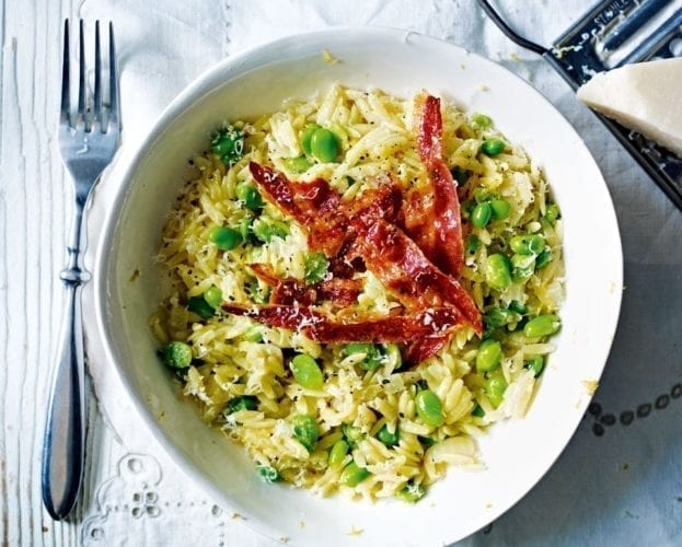 Broad beans, lemon and pancetta orzotto