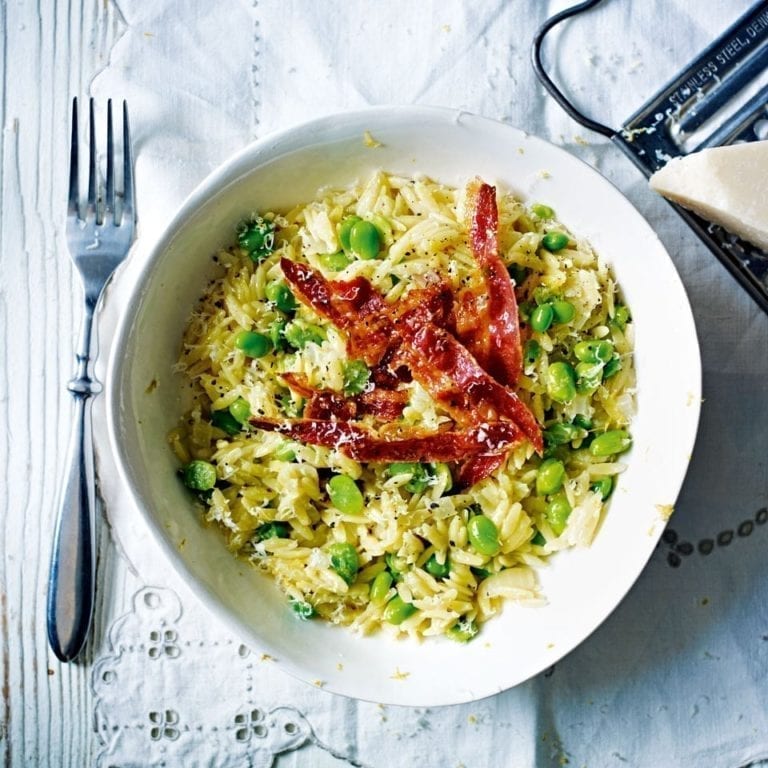 Broad bean, lemon and pancetta orzotto