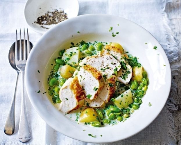 Roast chicken with broad beans