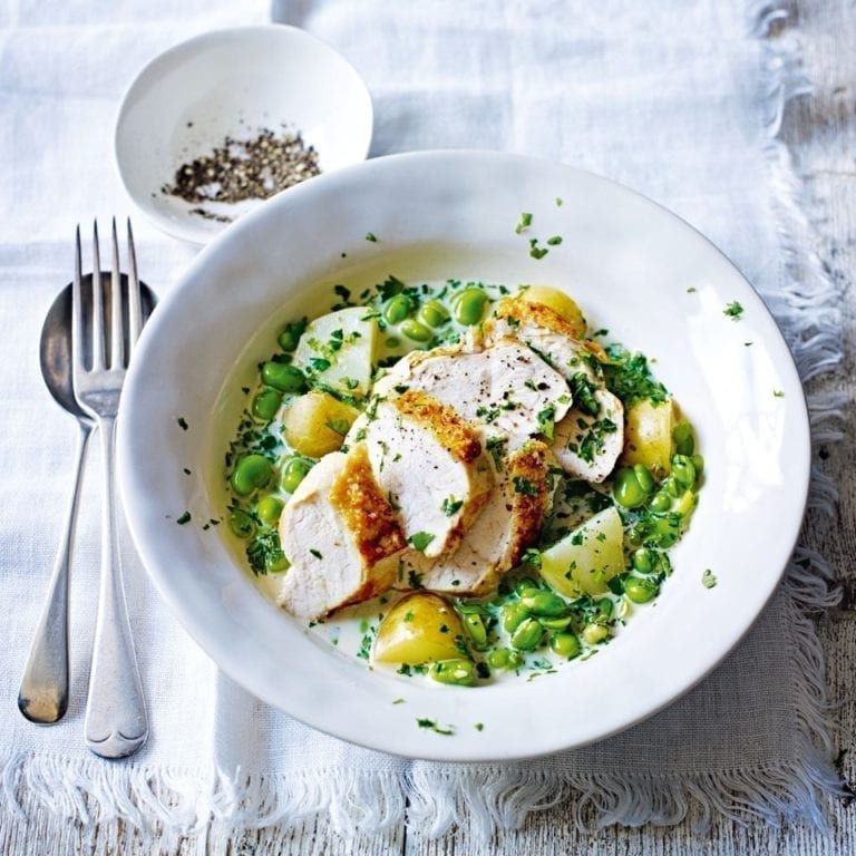 Roast chicken breasts with broad beans and herbs