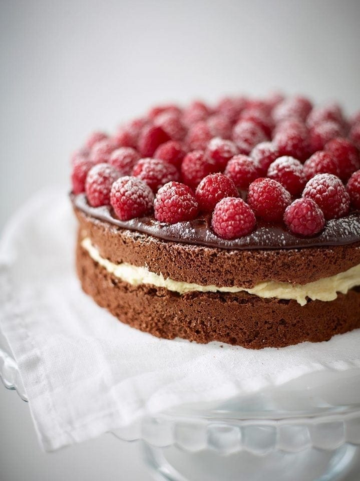 Gluten-free chocolate cake with raspberries