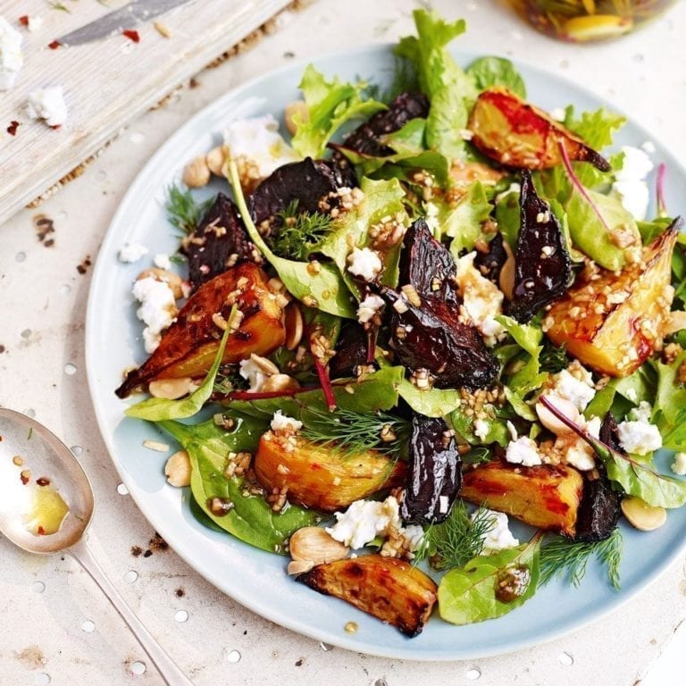 Roasted beetroot and marinated feta salad with dill and toasted almonds