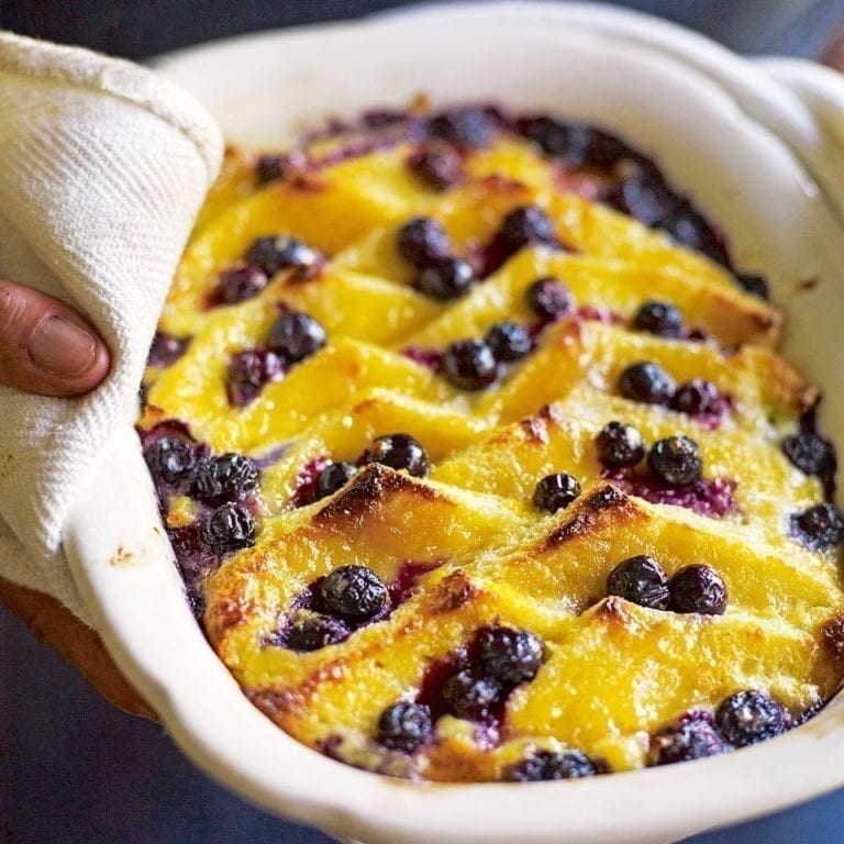 Souffléd blueberry, lemon curd and brioche bread-and-butter pudding