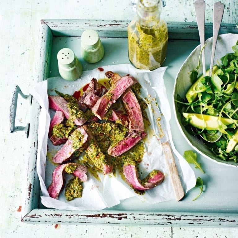 Charred spicy pepper pesto with steak and green salad