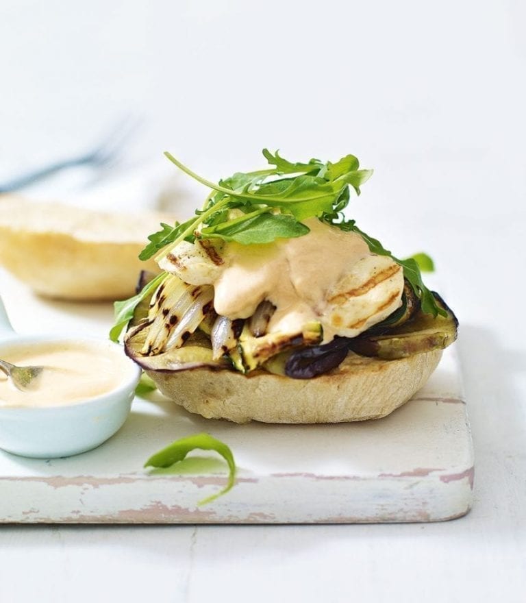Griddled vegetable and halloumi burger with chilli yoghurt
