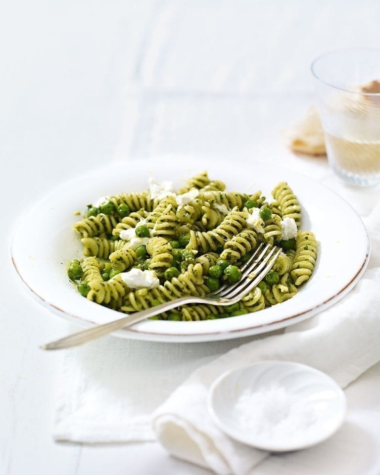 Walnut pesto pasta with peas and goat’s cheese