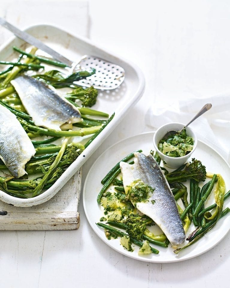 Grilled fish and greens with caper & lemon salsa