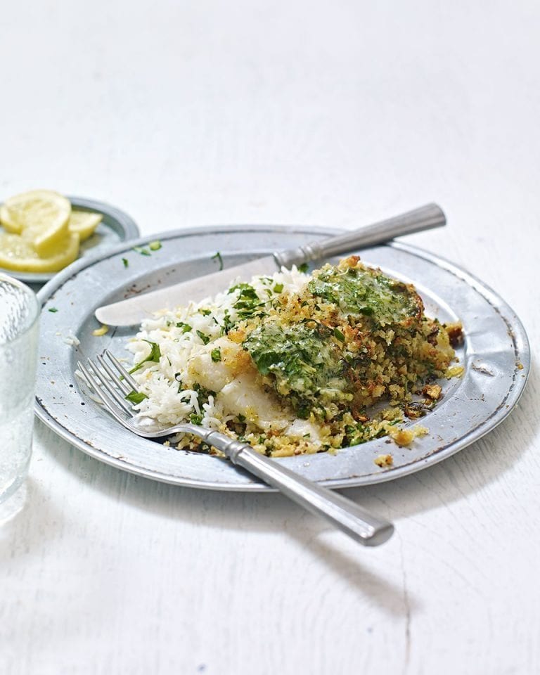 Herb-crusted fish with parmesan butter and lemon rice