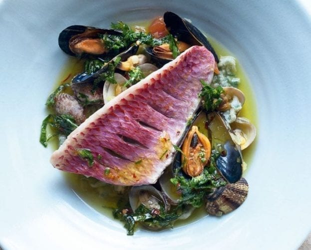 Pan-fried red mullet with a basil, olive and shallot salad