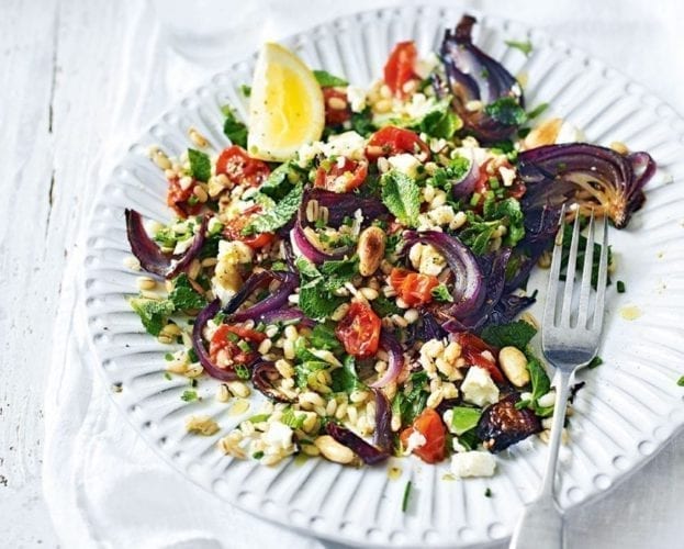 Roasted tomato, giant couscous, feta and basil salad
