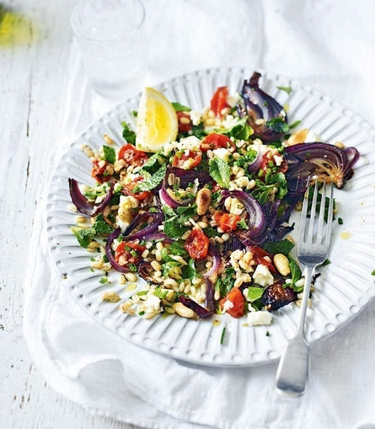 Roasted tomato salad with feta, pearl barley and herbs