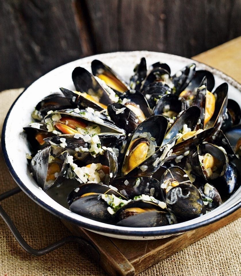 Mussels with cider, tarragon and crème fraîche recipe delicious. magazine