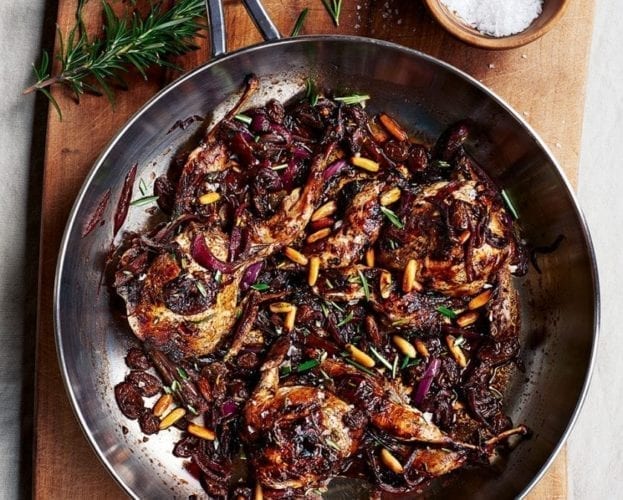 Spanish-style quail with smoky chickpea stew