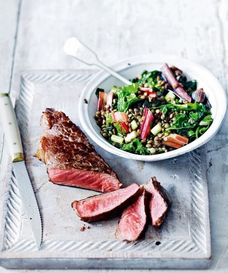 Seared steak with lentils and veg