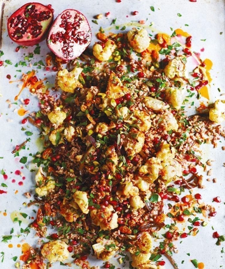 Roasted caulifower and grain salad with pomegranate