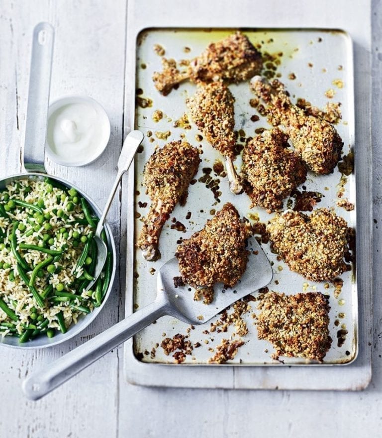 Crispy chicken legs with vegetable pilaf