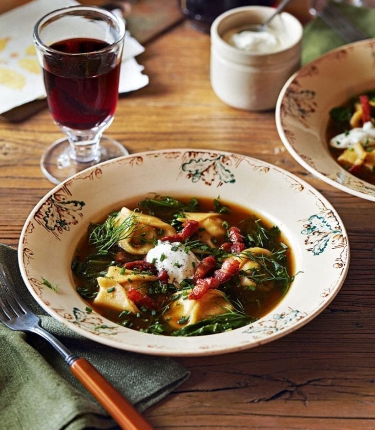 Celeriac and veal pelmeni in chicken broth