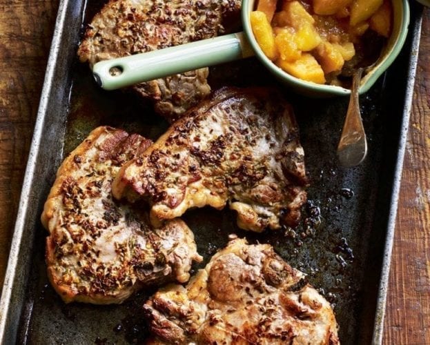 Pork piccata with mashed potatoes and roast apples