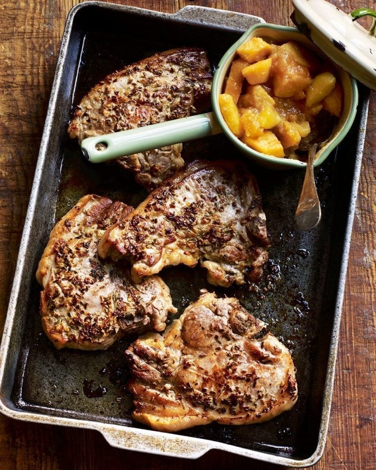 Fennel seed crusted pork chops with quince and apple compôte recipe