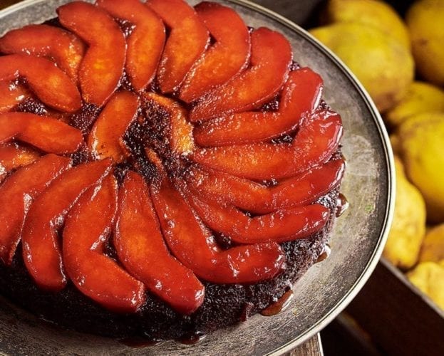 Spiced quince and ginger upside-down cake with caramel custard