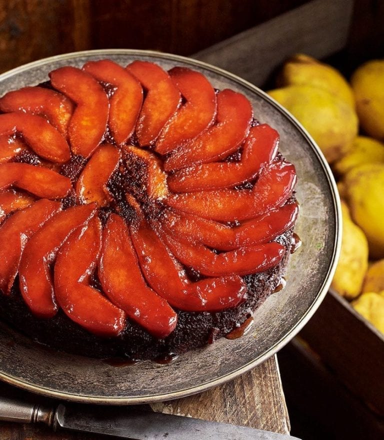 Spiced quince and ginger upside-down cake with caramel custard