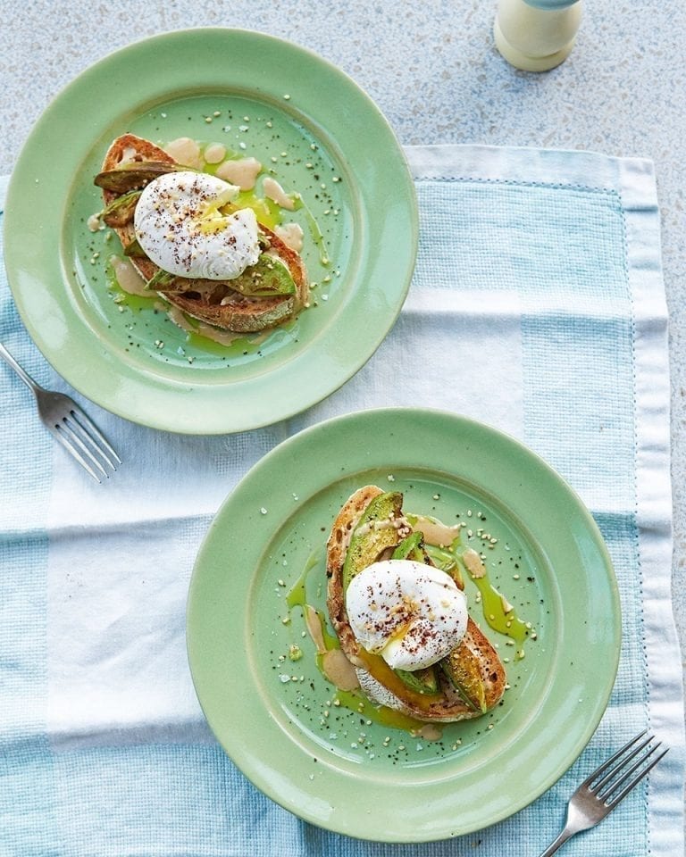 Poached eggs, tahini and pan-fried avocado