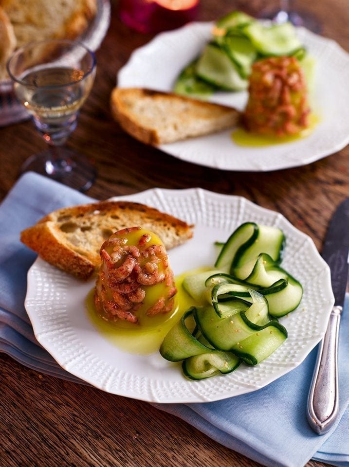 Spiced potted shrimps with quick-pickled cucumber