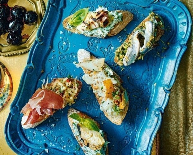 Goat’s cheese and chicory crostini with balsamic pickled shallots