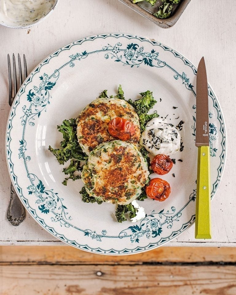 Smoked cheese potato cakes with crispy kale recipe | delicious. magazine
