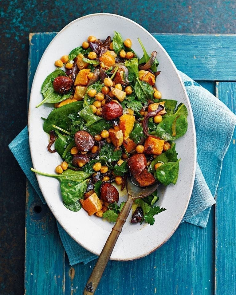 Warm squash, chorizo and chickpea salad with caramelised onions