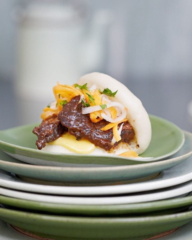 Bao buns with braised shortrib and pickled daikon