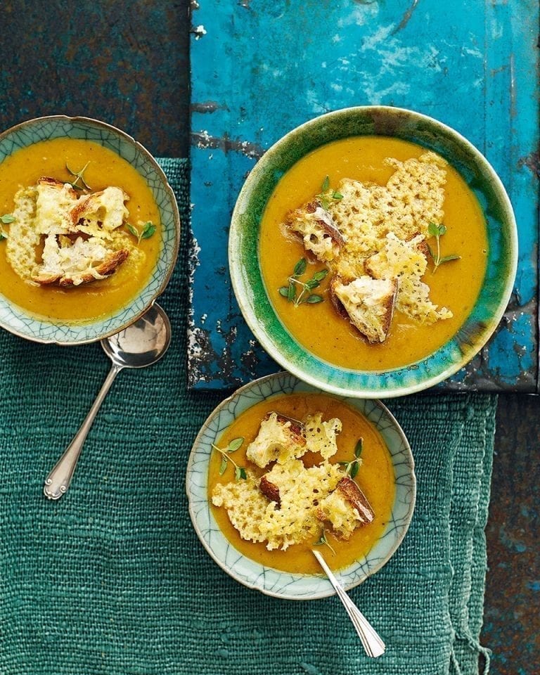 Squash and apple soup with cheddar croutons