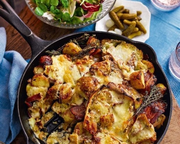 Potato, bacon and raclette skillet gratin