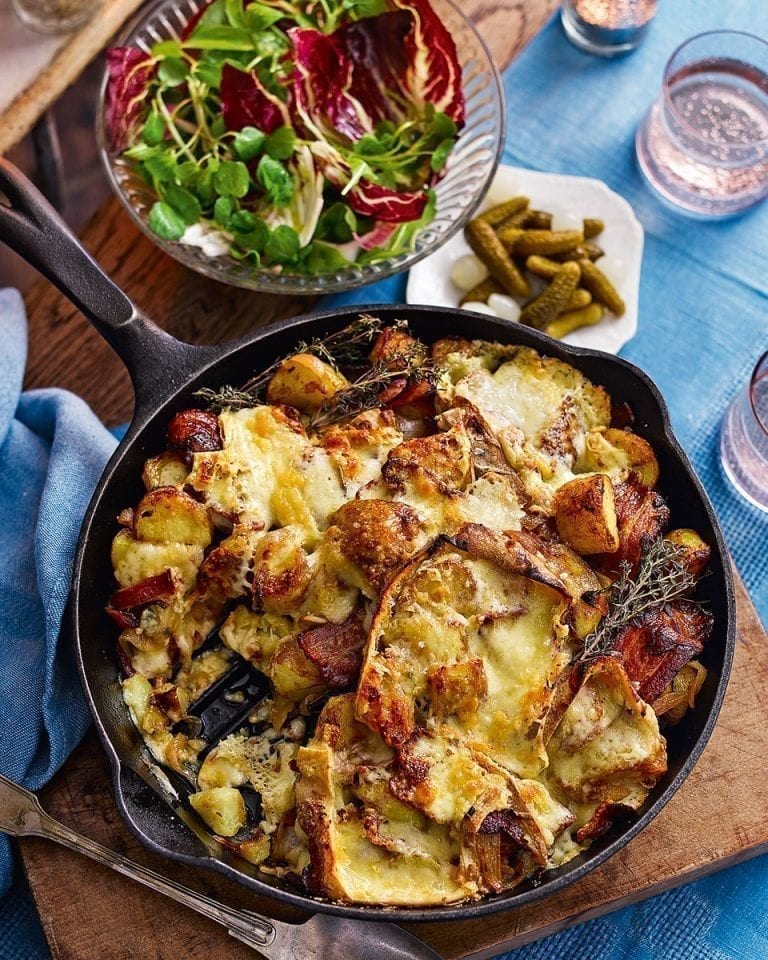 Potato, bacon and raclette skillet gratin