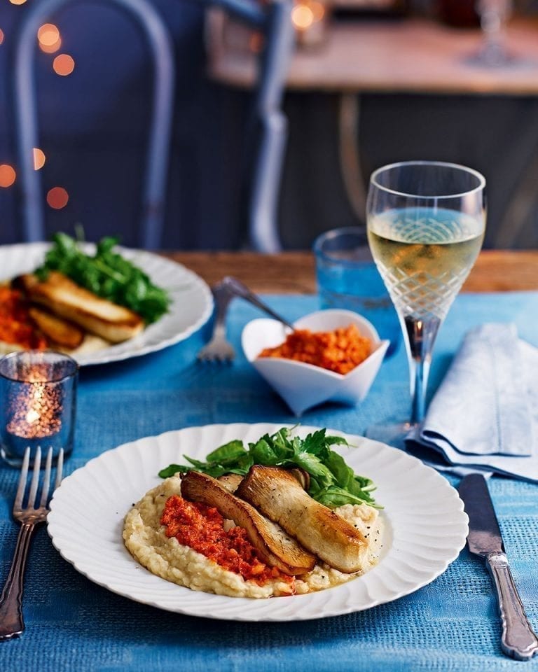 Roasted mushrooms with romesco and butter bean purée