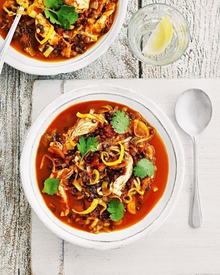 Chunky lentil, chicken and tomato broth