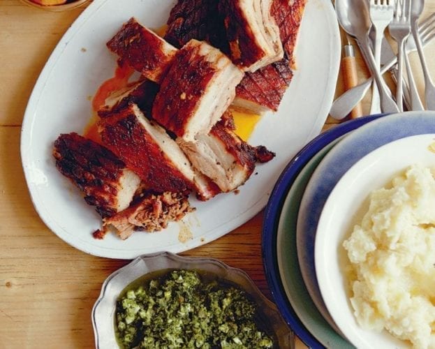 John Torode's five hour roast pork belly with salsa verde