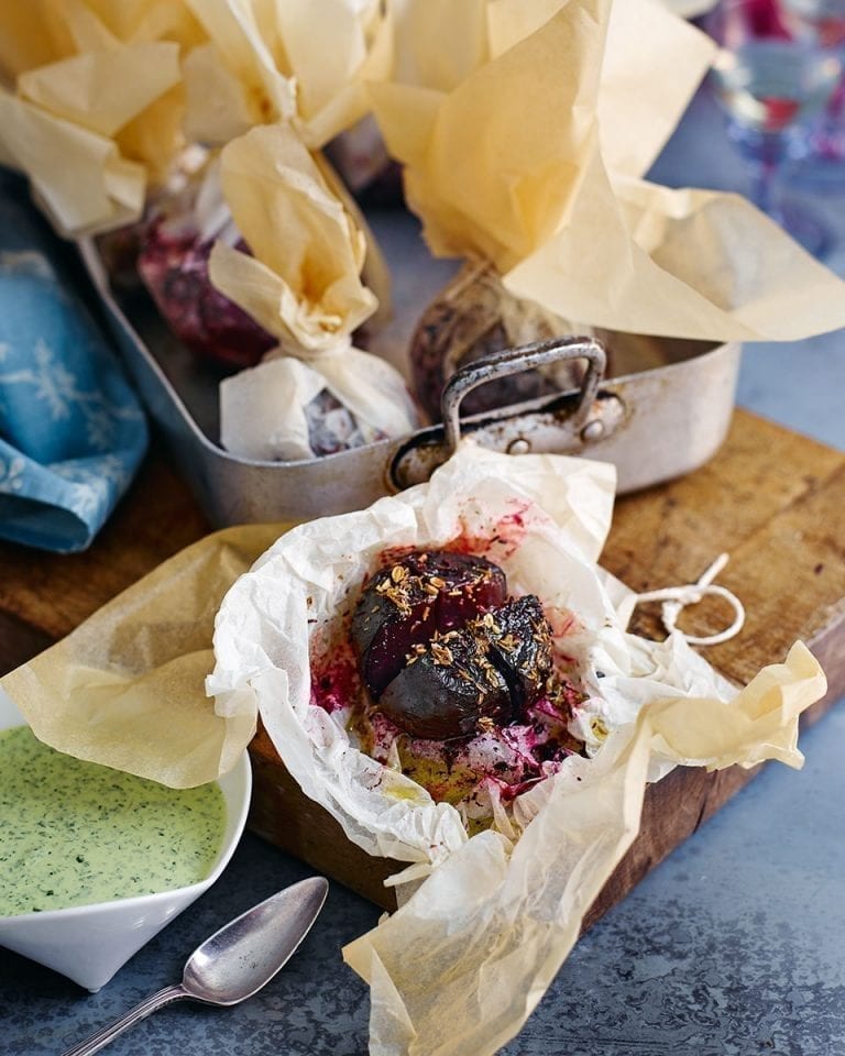Baked spiced beetroot with herb yogurt sauce