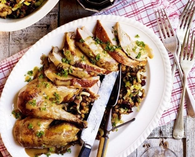 Braised pheasant with whisky sauce and pearl barley pilaf