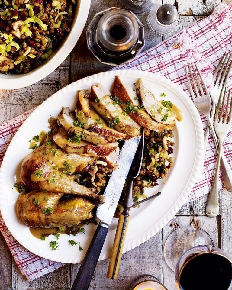 Braised pheasant with whisky sauce and pearl barley pilaf